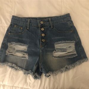 Distressed button fly frayed hem denim shorts size M
